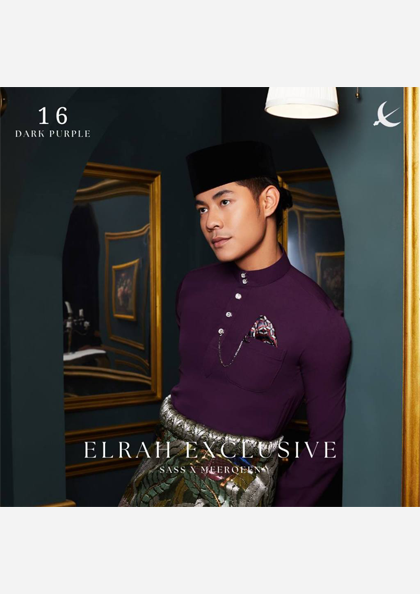 Dark purple slim fit Baju Melayu Ultimate 2.0 2024. Abloh crepe material. Includes exclusive pin chain, button, handkerchief, and box.